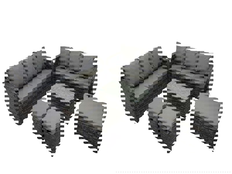 Fimous Outdoor 3 Seater Sofa Coffee Table Set Garden Rattan Furniture Set 9 Seater with 3 Stool Dark Grey