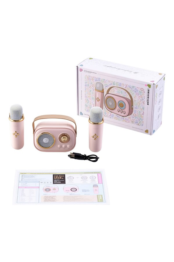 Living and Home Portable Retro Pink bluetooth Karaoke Machine Speaker System with Wireless Microphones