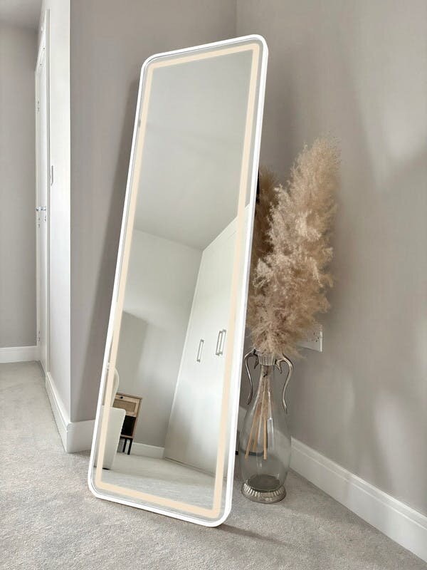 Downton Interiors Stunning White Rectangular Metal Frame LED Wall or Floor Standing Dressing Mirror 145cm x 45cm - Soho Collection