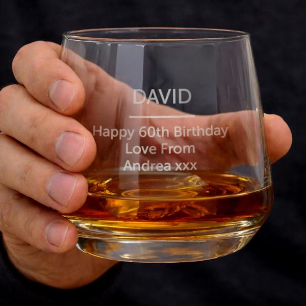 Personalised engraved whisky glass with custom initials for Father's Day gift.