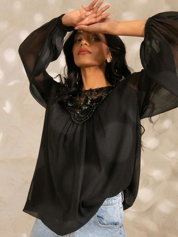 Rose & Nancy Bea Black Sequin Blouse
