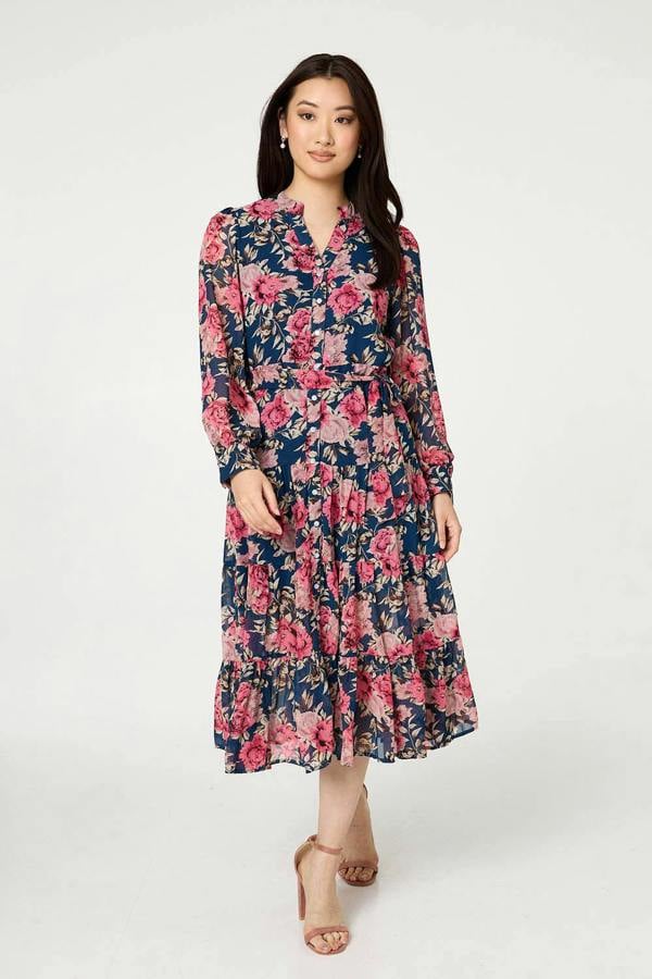 Navy | Floral Tie Waist Relaxed Tier Midi Dress