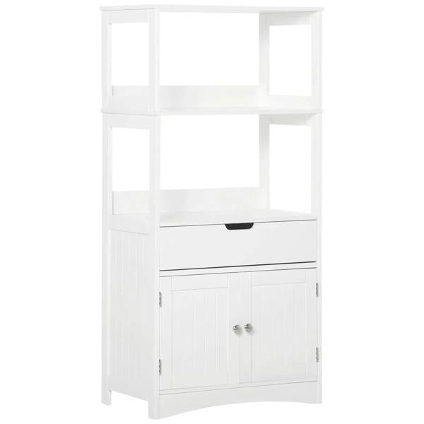 White freestanding floor cabinet with top open shelves, drawer, and two paneled doors