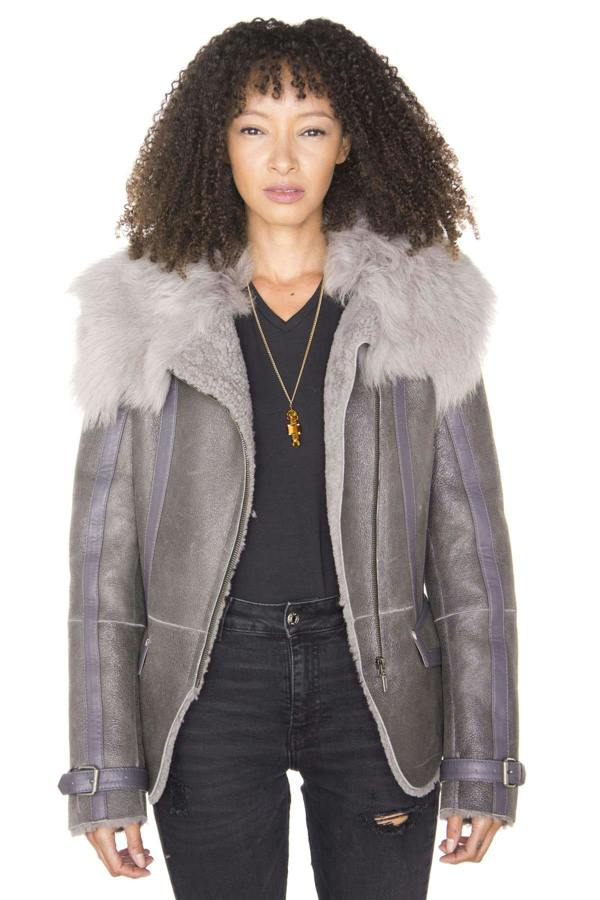 Infinity Leather Womens Grey Toscana Shearling Flying Jacket-Teresina