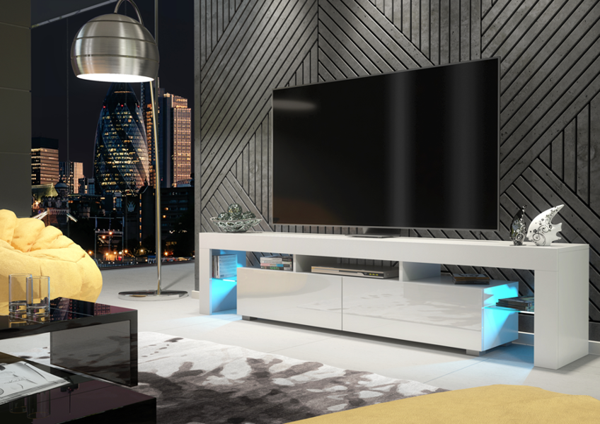 Mex Furniture Sleek Modern 200cm TV Unit Cabinet Stand White High Gloss Doors with Free LED Lights