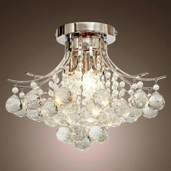 Chrome crystal ceiling chandelier with clear globe and round prism hanging drops