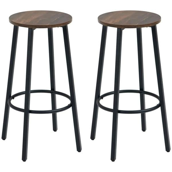 Set of 2 bar stools with round rustic brown seats, black steel legs, circular footrest