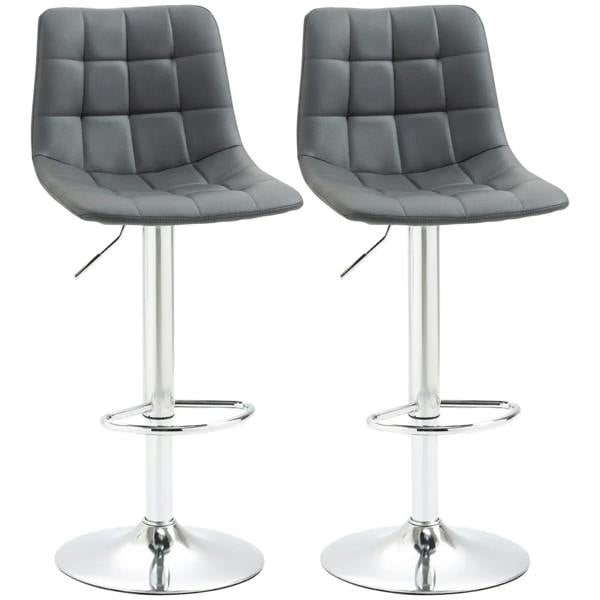Set of 2 grey tufted swivel bar stools with cushioned seat and back, chrome bases