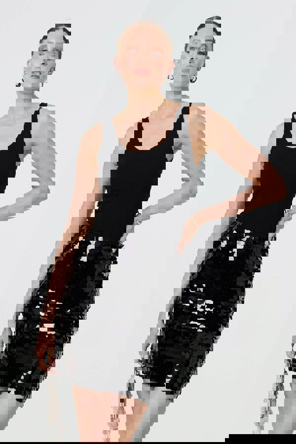 Black | Sequin Embellished High Waist Mini Skirt
