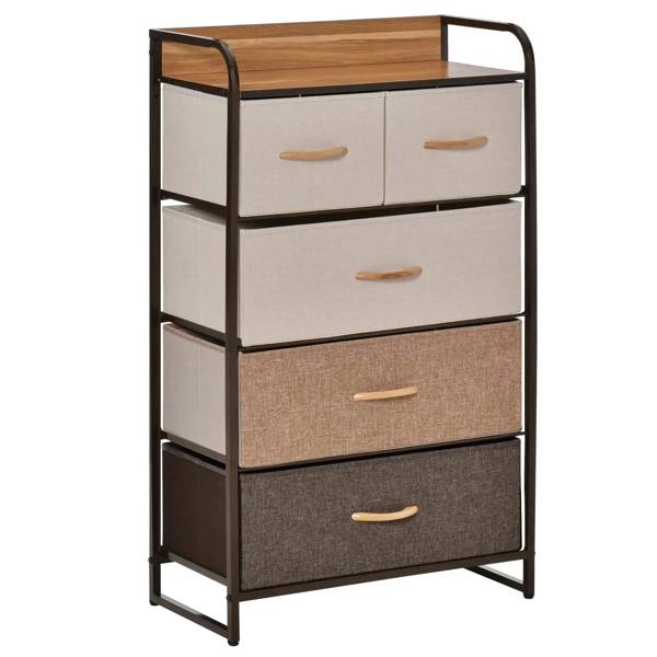5-drawer dresser tower with wooden top and four fabric drawer fronts, steel frame, handles