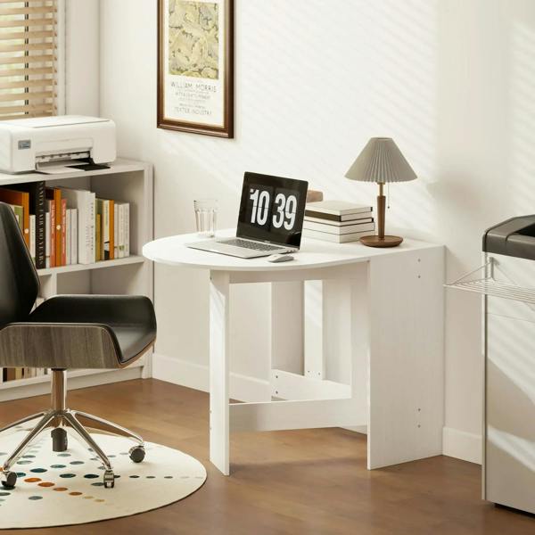 White drop-leaf folding table used as a small desk with open side storage