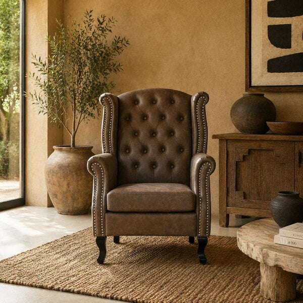 Wyld Haus Selato Fabric Brown Wingback Accent Chair With Chesterfield Style Tufting And Nailhead Trim