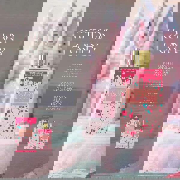 Anfar 1950 Cotton Candy Dubai Chocolate Extrait 80ML cotton candy poster with bottle