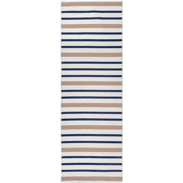 Striped rug with blue and beige stripes on a white background