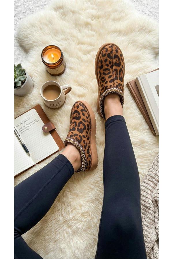 Ravina Chunky Slip On Suede Slippers With Stitch Detail - Leopard