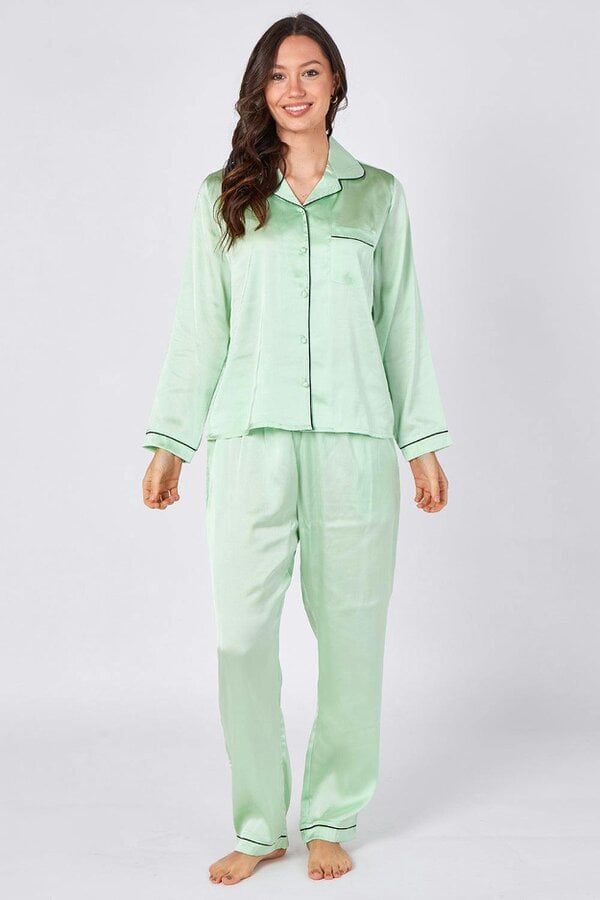 Mint Green Satin Pyjama Set – Luxury Long Sleeve Ladies PJ Set