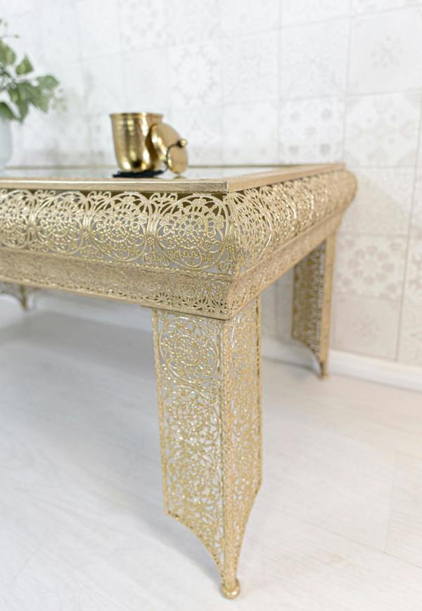Downton Interiors Light Gold Embossed Metal Mirrored Glass Coffee Table - Agadir Range