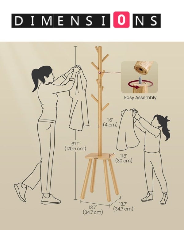 Modcraft Coat Rack Stand Hall Tree with 8 Hooks and Storage Shelf
