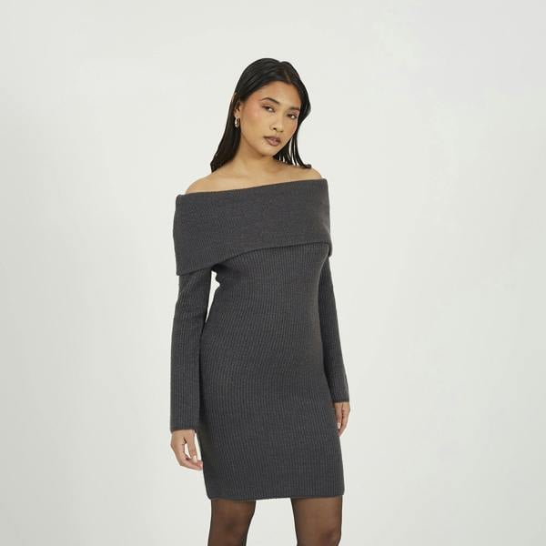 Brave Soul Charcoal Bardot Ribbed Knit Mini Dress - Charcoal Image 1