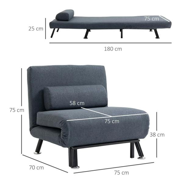 Dark grey convertible sleeper chair with adjustable backrest, pillow, and metal legs