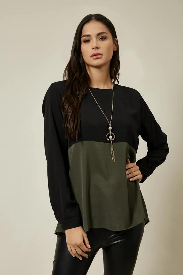 Hoxton Gal Long Sleeve Relaxed Fit Block Top With Necklace In Black And Khaki