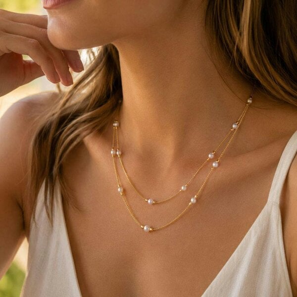 The Colourful Aura Double Strand Pearl & Gold Necklace | 18ct Gold Plated
