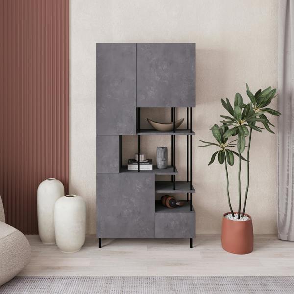 Decortie Modern Key Bookcase 5-Doors Storage Cabinet and Minimal Open Shelves Display Unit Metal Legs 84(W)x175(H)cm