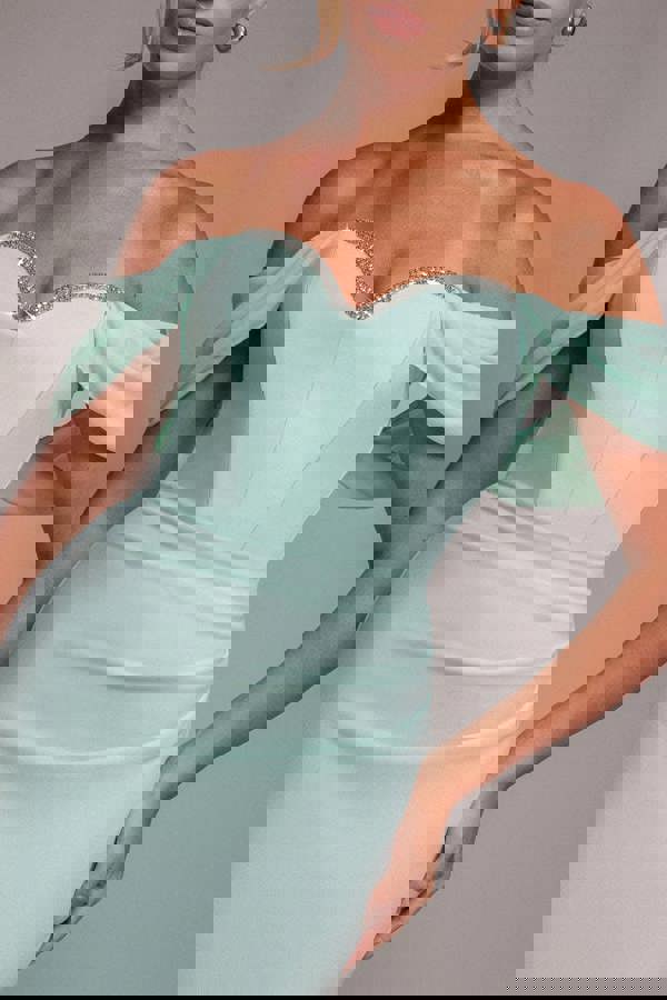 Off The Shoulder Draped Sleeve Maxi Dress With Diamante Neckline - Mint Green DR4588