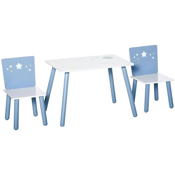 Kids table and chair set with white tabletop, blue chairs, and star-pattern backs
