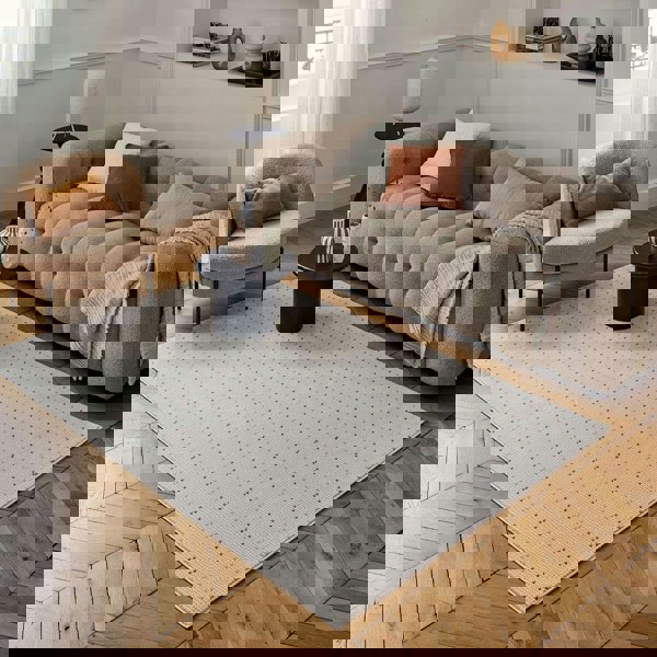 Living Room rug, dots, practicality in mind, the rug is anti-allergic.