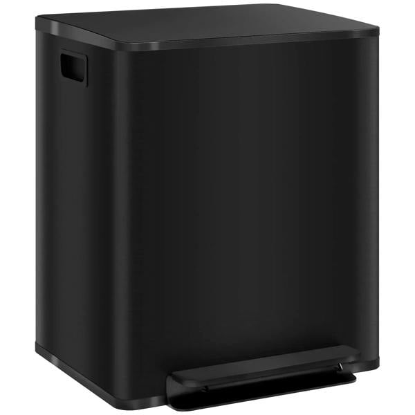 Black dual-compartment stainless steel trash bin with step pedal and deodorizer holders