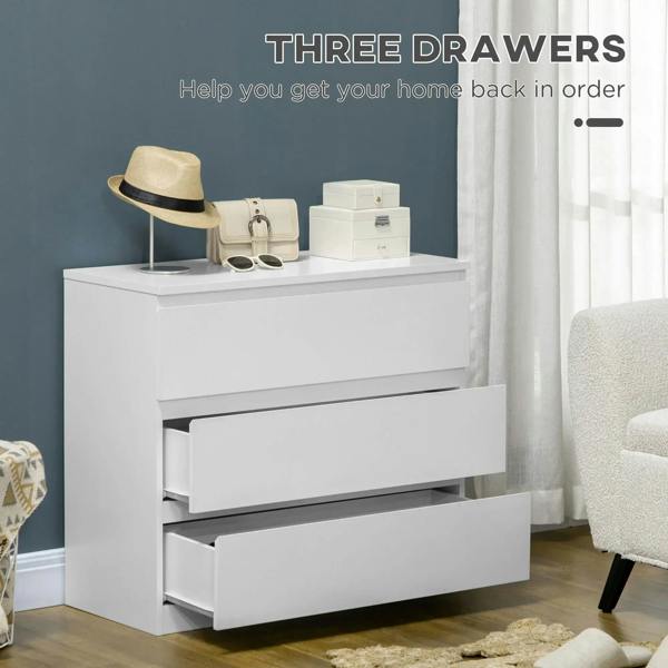 White chest of three drawers with the top two drawers pulled open.