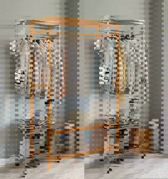 Modcraft Wooden Clothes Rail Rack – Heavy Duty Garment Hanging Stand with Shelves Open Wardrobe