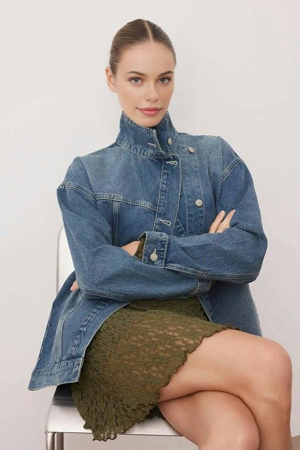 WOVCOR Double-Breasted Stand-Up Collar Denim Jacket