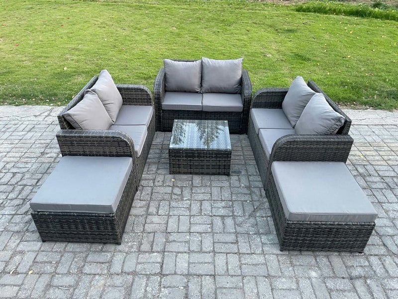 Fimous 8 Seater Dark Grey Mixed High Back Rattan Outdoor Lounge Set - Square Coffee Table, 2 Big Footstools & Loveseat