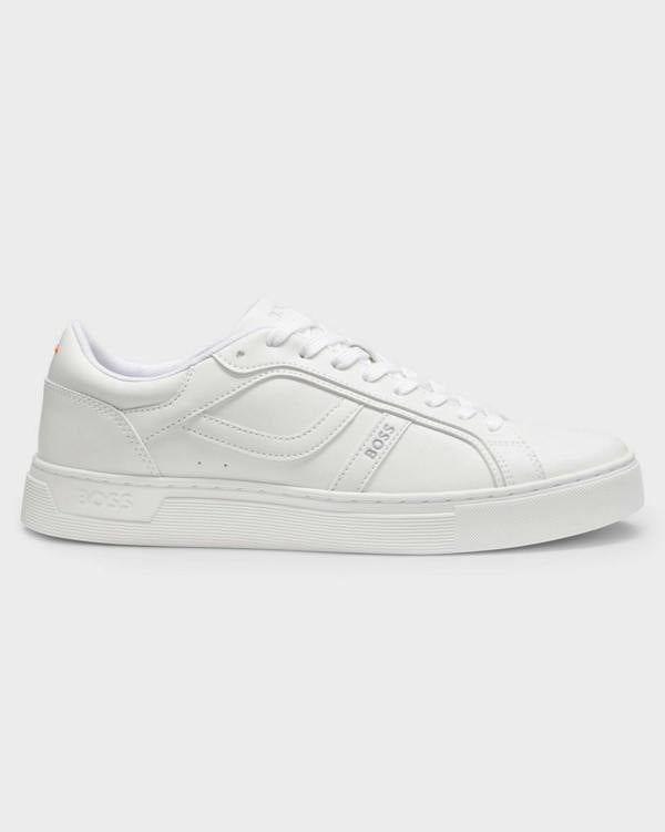 BOSS Orange Rhys Mens Logo-Trimmed Trainers in Faux Nappa Leather in White 100 - Right