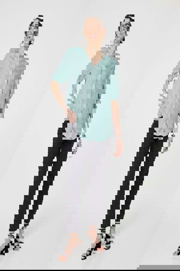 Sage | Plain V-Neck Puff 1/2 Sleeve Shirt : Model is 5'9"/175 cm and wears UK8/EU36/US4/AUS8