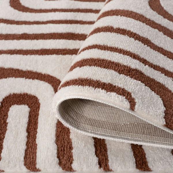 Close-up of a brown and white patterned rug with a textured border.