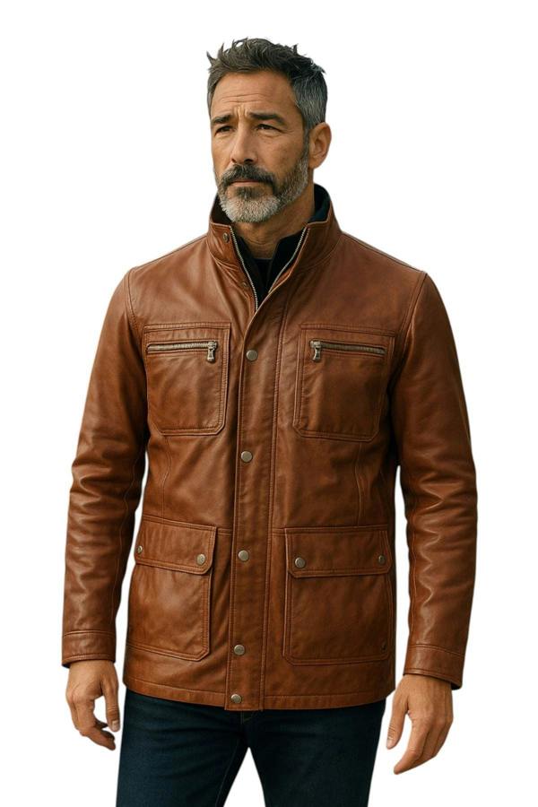 Infinity Leather Men’s Leather Military Jacket Outwear Trenchcoat - Field