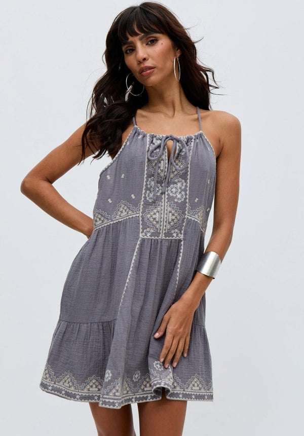 Jen Tiered All Over Embroidered Mini Dress In Grey