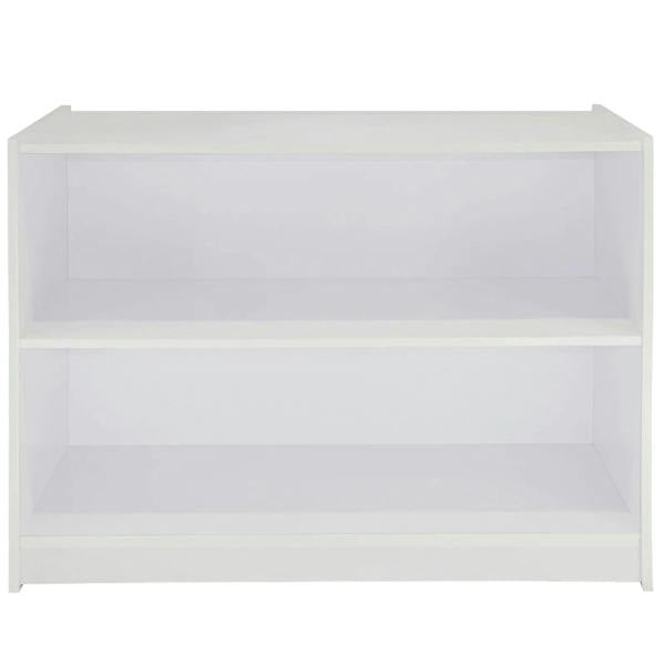 Brilliant white retail shop counter with two spacious shelves, featuring a sleek, modern design and smooth, glossy finish