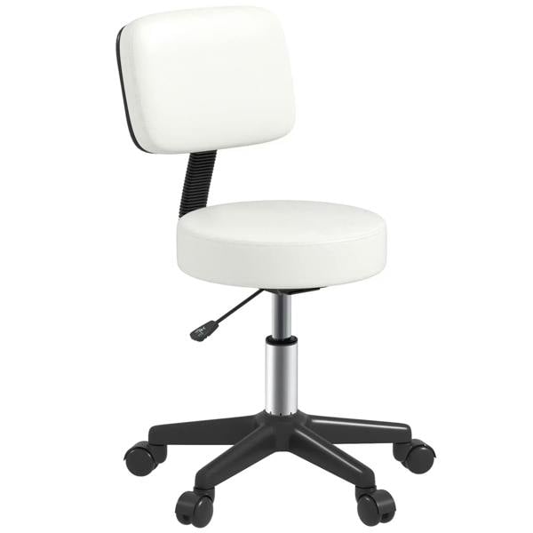 White swivel salon chair with padded seat and backrest, black base and caster wheels.