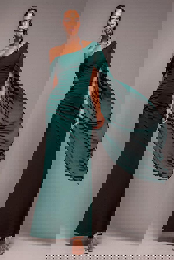 One Shoulder Cape Scuba & Chiffon Maxi Dress - Emerald Green DR4899