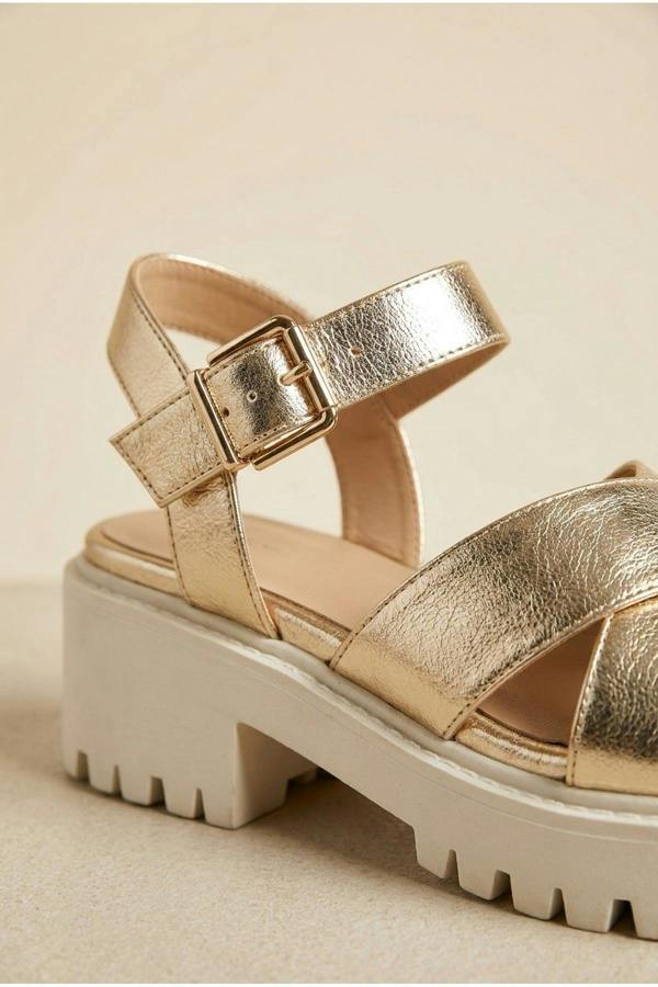 Edie Chunky Sole Crossover Strap Sandals - Gold