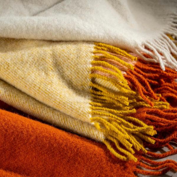 Cinnamon Wool Block Colour Check Throw bedroom detail | Soak and Sleep