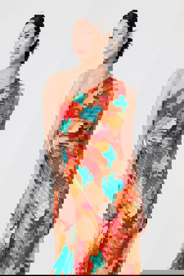 Orange | Floral One-Shoulder Pleated Maxi Dress