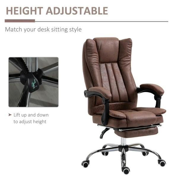 Brown reclining office chair with padded back, armrests, and height-adjustable base