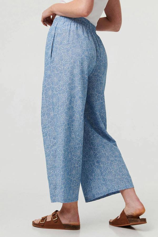 Blue | Floral Shirred High Waist Wide Trousers