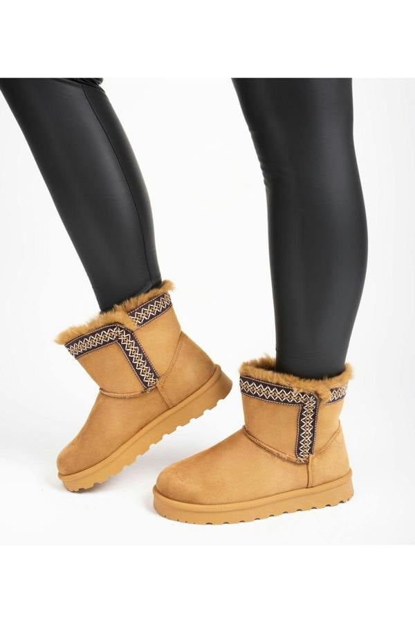 Malira Faux Suede Fluffy Lined Ankle Boots With Stitch Trim - Camel