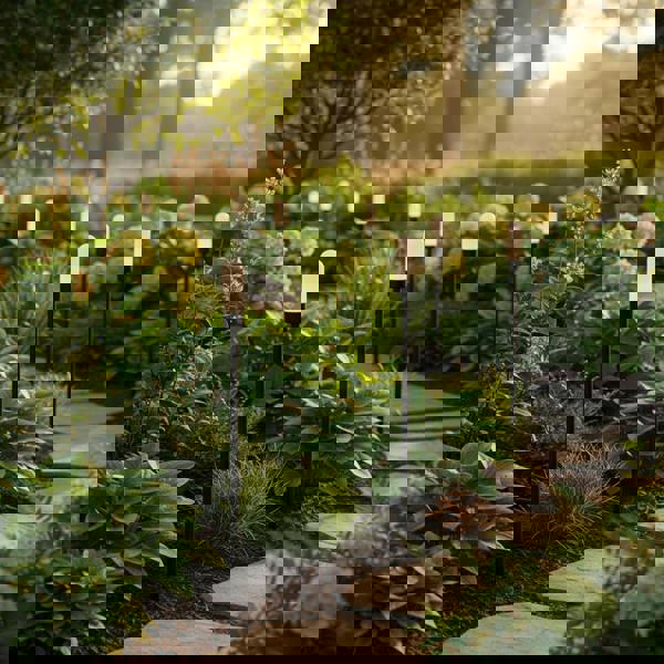 black landscape spike light installed along a pathway 